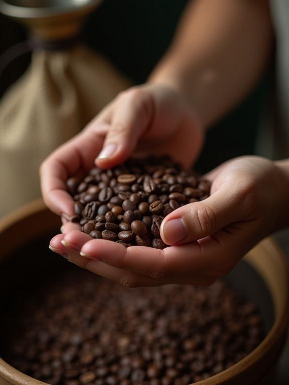 Mani esperte che selezionano chicchi di caffè tostati.