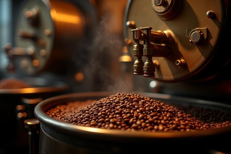 Macchina per la torrefazione del caffè in bronzo e acciaio durante il processo.